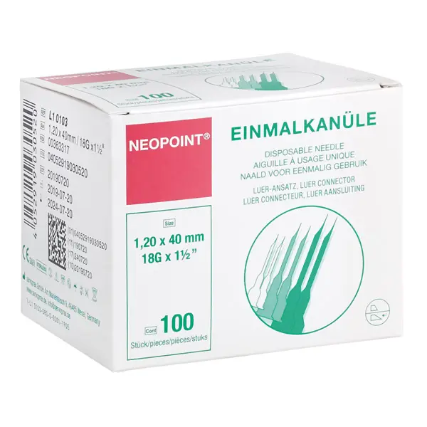 Neopoint Kanülen 1,20 x 40mm 18G x 1 1/2" (100 Stk.) Wird auch als Aufziehkanüle verwendet.