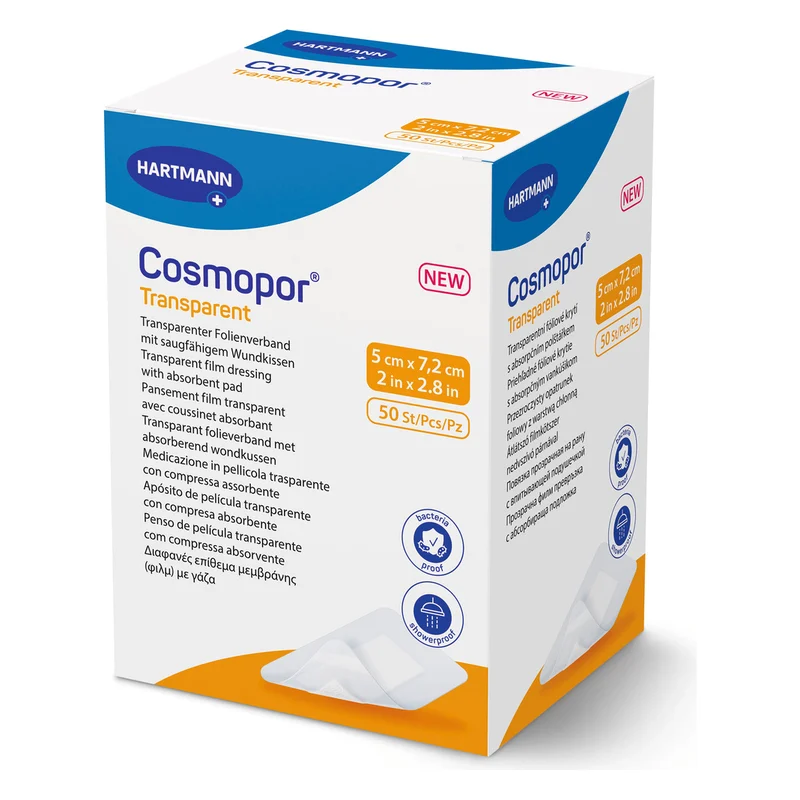 Cosmopor transparent 5 x 7,2cm mit absorbierendem Wundkissen steril (50 Stk.) hieß einst Hydrofilm Plus - neuer Name, gleiche Qualität(901051)